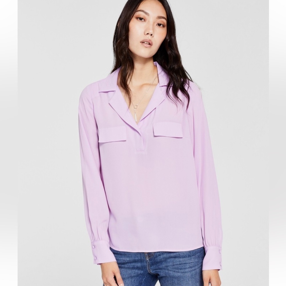 INC International Concepts blouse light purple collared v-neck